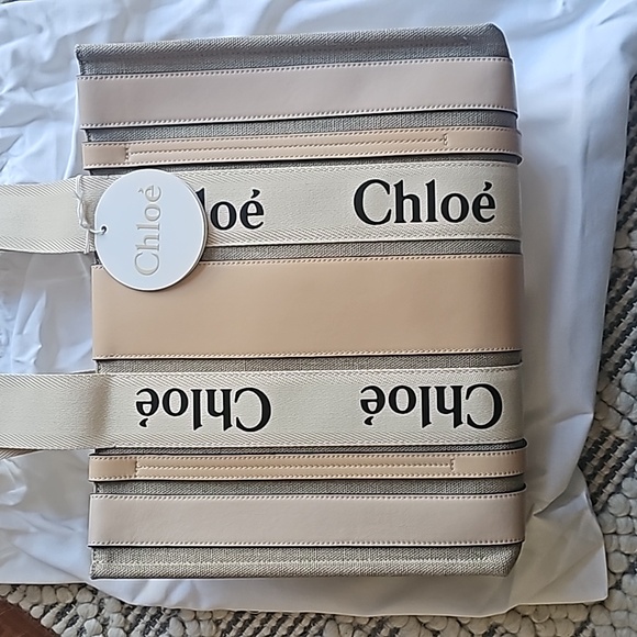 NWT Chloe Pink Woody Medium Linen Tote Bag - Picture 6 of 8